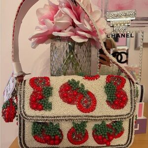 Beaded Red and White Clutch, Baguette Purse with Red Gingham Lining. NEW